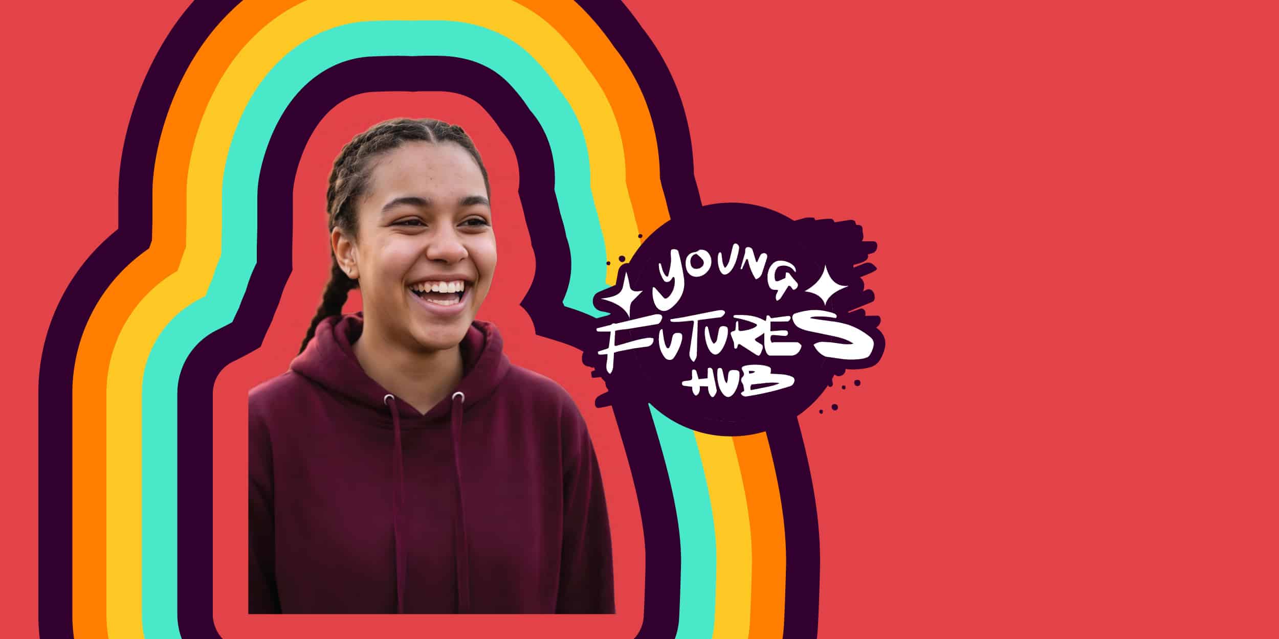 Young girl laughing on colourful background with Young Futures Hub logo